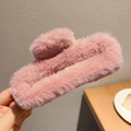 Plush pink faux fur claw clip with large square design for autumn and winter hairstyles - Plush Long Rectangular Style / Pink