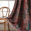 Bohemian jacquard curtain with red and blue geometric patterns and white tassels - 150x160cm / Ethnic Jacquard - Rod Pocket