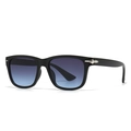Modern round black sunglasses with blue gradient lenses and silver arrow metal accents - Black Grey Blue