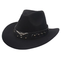 Détail du chapeau de cow-boy noir avec emblème de tête de taureau argentée et rivets dorés - Enfants (52-54CM) / Noir