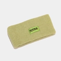 Detail of light green ribbed knit headband with woven patch and artistic lettering - One Size / Light Green