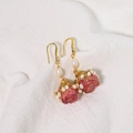 Elegant 925 silver pink rose earrings with white freshwater pearls on soft fabric - Everlasting Pink Rose Style