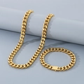 Polished golden stainless steel Cuban chain necklace and bracelet jewelry set - 9mm Bracelet (21cm) / Gold