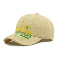 Stroh-Baseballkappe mit gelbem Graffiti-Schriftzug und natürlicher Webstruktur - Handbemalter FASHION Stil (Khaki)
