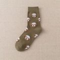 Olive green cotton crew socks featuring cute cartoon dog patterns and ribbed cuffs - Dark Green (Shih Tzu)
