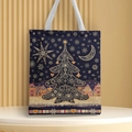 Close-up of a navy canvas Christmas tote bag with golden holiday prints and white handles - Style 8