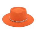 Detail of bright orange straw boater hat with a decorative silver metal chain band - M(56-58cm) / Orange