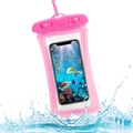 Pink waterproof phone pouch with dual lock closure and lanyard shown in splashing water - Air Cushion Style / Pink