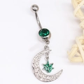 Silver belly button ring with green gemstone, moon pendant and maple leaf charm - Silver Crescent Moon Maple Leaf