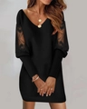 Detail of elegant V-neckline with delicate lace patchwork on the long sleeves of the dress - S / Black