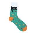 Green mid-calf sock with cartoon cat and orange fish pattern, white ribbed cuff - 38-46 / Green Cartoon Cat (3707C)