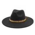 Classic black wool fedora hat with wide brim and brown leather braided band for unisex style - Black