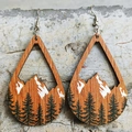 Bohemian teardrop wood earrings featuring forest and snow mountain scenery on concrete base - Style 3 (Forest Snow Scene)