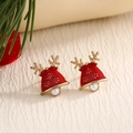 Christmas reindeer horn stud earrings with red bell design and white pearl drop accents - Antler Pearl Bell (EAR0036)