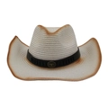 Western straw cowboy hat in beige with retro brown edges and a leather cattle buckle band - Bull Head Badge Gradient Style / One Size(56-58cm) / White (With Wind Rope)