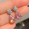 Pink teardrop gemstone stud earrings with S925 sterling silver and small flower zircons - Pink Diamond Teardrop Flower Earrings Led-110