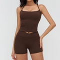 Dark brown two-piece yoga set featuring a camisole top and high-waist crossover shorts - S / Top And Bottom / Coffee
