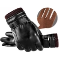 Men's black PU leather thermal gloves featuring burgundy knit cuffs and thick brown fleece lining - Men's Side Buckle Ribbed