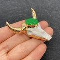 Bull head shape acrylic pendant with white body and green gemstone in golden frame - No. 6 - Dark Green Stone
