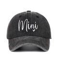 Macro detail of 'Mini' white embroidery with heart on grey washed denim baseball cap - Black MINI