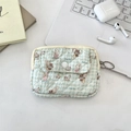 Detail of quilted mini organizer bag featuring cute animal prints on blue checkered fabric - Salt Style Bunny