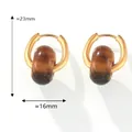 Elegant gold titanium steel hoop earrings featuring vintage brown tiger eye stone spheres - Gold Tiger Eye Small Style (F357)