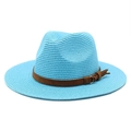 Detail of light blue straw jazz hat featuring brown suede band and gold metal ring - M (56-58cm) / Lake Blue