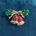 Christmas brooch with red enamel bells, gold bow, green leaves and sparkly rhinestones - Christmas Bell Brooch