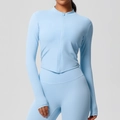 Light blue slim fit sports yoga set with stand collar zipper jacket and high waist leggings - Sky Blue