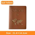 Khaki PU leather passport holder with world map and airplane embossing, size 21.4x14.2cm - Passport Cover / Earthy Yellow