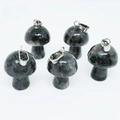 Set of five mini mushroom pendants crafted from dark grey spotted natural stone - Larvikite