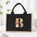 Black cotton linen canvas tote bag with floral letter B print and black woven handles - Bronze Floral Letter B
