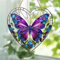 Detail of acrylic heart suncatcher with colorful butterfly and tree of life garden decor - Style 6-Butterfly/Hummingbird