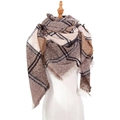 Brown and beige plaid check scarf with fringe tassels on a fashion mannequin stand - Brown Plaid