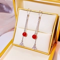 Elegant long chain earrings with red beads and triple zircon crystals in a golden box - E1616-2-Red Bead Silver Tassel Drop