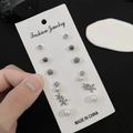 6 pairs of silver earrings set with artificial pearls and rhinestones on card - White K/gun Black 10378