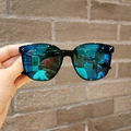 Kids fashion sunglasses featuring black square frames and blue mirrored lenses - Green Mirrored