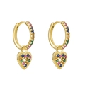 Luxury gold heart earrings featuring multi-color zircon stones for a vintage stacked style - Gold Hoop Heart Dangle - Multicolor