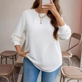 Dettaglio della trama a nido d'ape di questo top a maniche lunghe color crema con girocollo - 0XL / Bianco