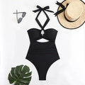 Flat lay of black halter neck swimsuit with cutout detail and waist ruching design - S / Black
