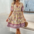 Short sleeve V-neck bohemian floral dress in yellow with pink blossoms and tassel ties - S / Apricot