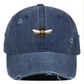Distressed navy denim baseball cap with bee embroidery and vintage worn-out details - One Size / Navy Blue