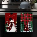 Christmas snowman and red plaid dish towels hanging on a stainless steel oven handle - Top Hat Snowman and Plaid Christmas Tree Style (MJBT66-58) / 2 Pieces/Pack (40*60cm) / Red and Black Check Combination