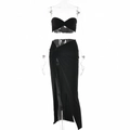 Women's black two-piece set featuring a ruched tube top and high-slit maxi skirt - S / Black