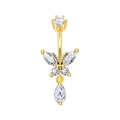 Golden belly ring featuring butterfly and teardrop zircon crystals on white background - Style 23