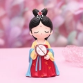 Ancient style Tang lady figurine in red and yellow dress holding a pink floral fan - Medium Fan (1003-5A)