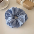 Light blue lace scrunchie with hollow embroidery detail and drawstring design - Four-layer Elastic Style / Dark Blue