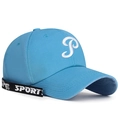 Sky blue baseball cap with white P embroidery and black Sport ribbon strap detail - Lake Blue