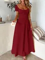 Elegante abito lungo bordeaux con spalle scoperte, maniche a sbuffo e scollo stringato - Taglia S / Borgogna