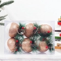 6-pack of white and copper glitter Christmas balls with pine cones in a clear display box - 8cm Style 5 (White Copper Glitter Boxed)